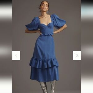 NWOT Farm Rio Bubble Sleeve Midi Blue Dress Medium